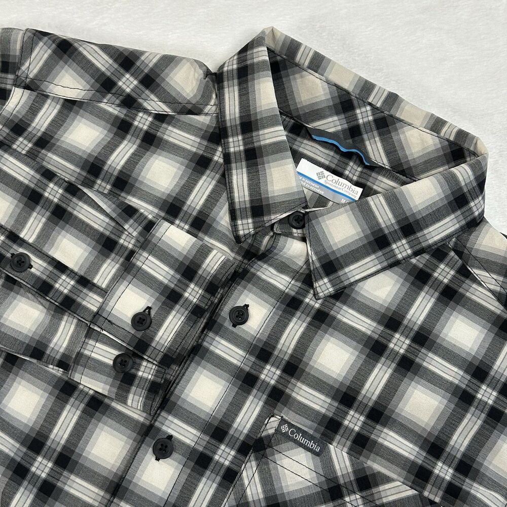 Columbia Plaid Button Up Shirt‎ Mens Medium Gray Long Sleeve Stretch Outdoor